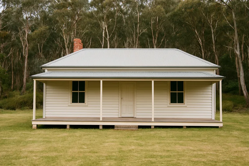 A weatherboard house with a verandah and eucalypt bush behind a mown yard — BAL ratings and approvals, Adelaide Hills. Illustrative example.