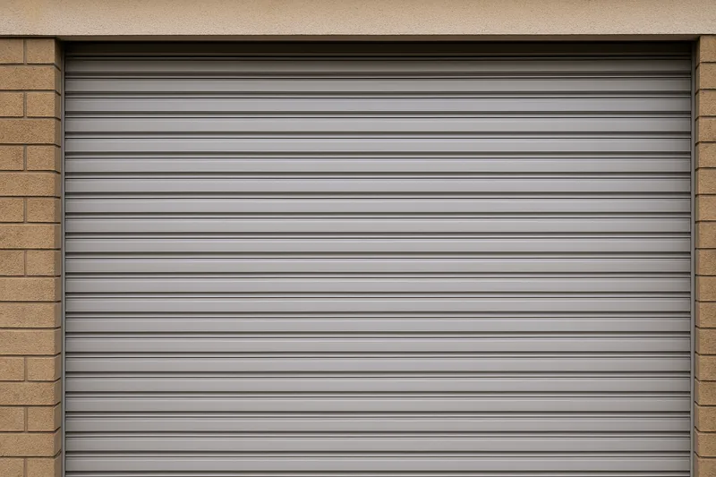 A close view of the tight horizontal slats of a metal roller shutter — bushfire shutters, Adelaide Hills. Illustrative example.