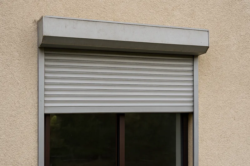 The metal shutter housing fixed above a window on a rendered wall — shutter materials and fit, Adelaide Hills. Illustrative example.